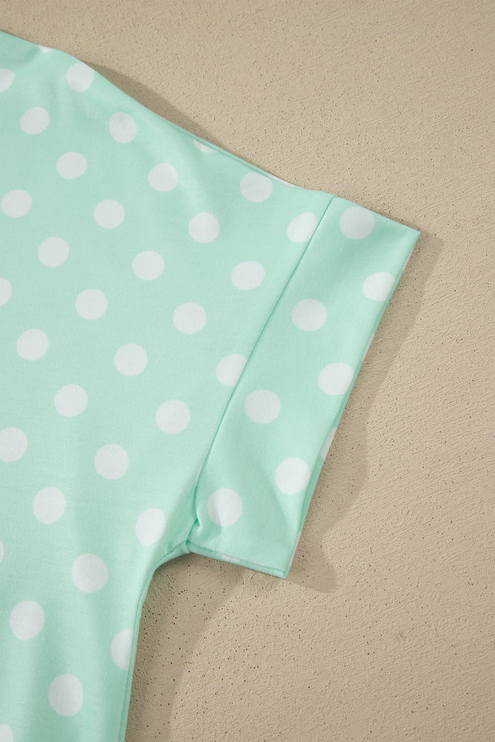 Green Polka Dot Print Color Block Trim Mock Neck Short Set