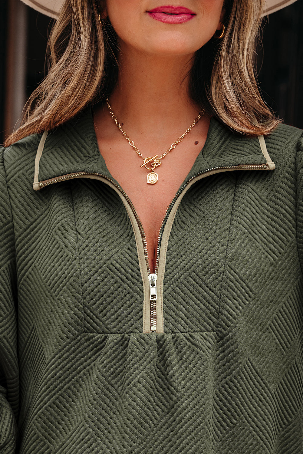 Dearlove Jungle Green  Quarter Zip Collar Bracelet Sleeve Textured Mini Dress