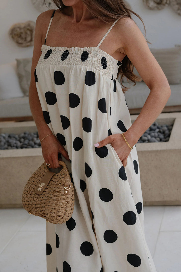 White Polka Dot Spaghetti Straps Maxi Dress