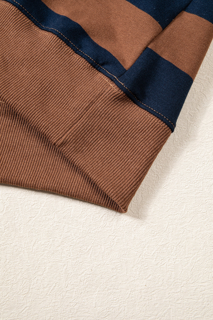 Brown Stripe Colorblock Mock Neck Relaxed Sweatshirt