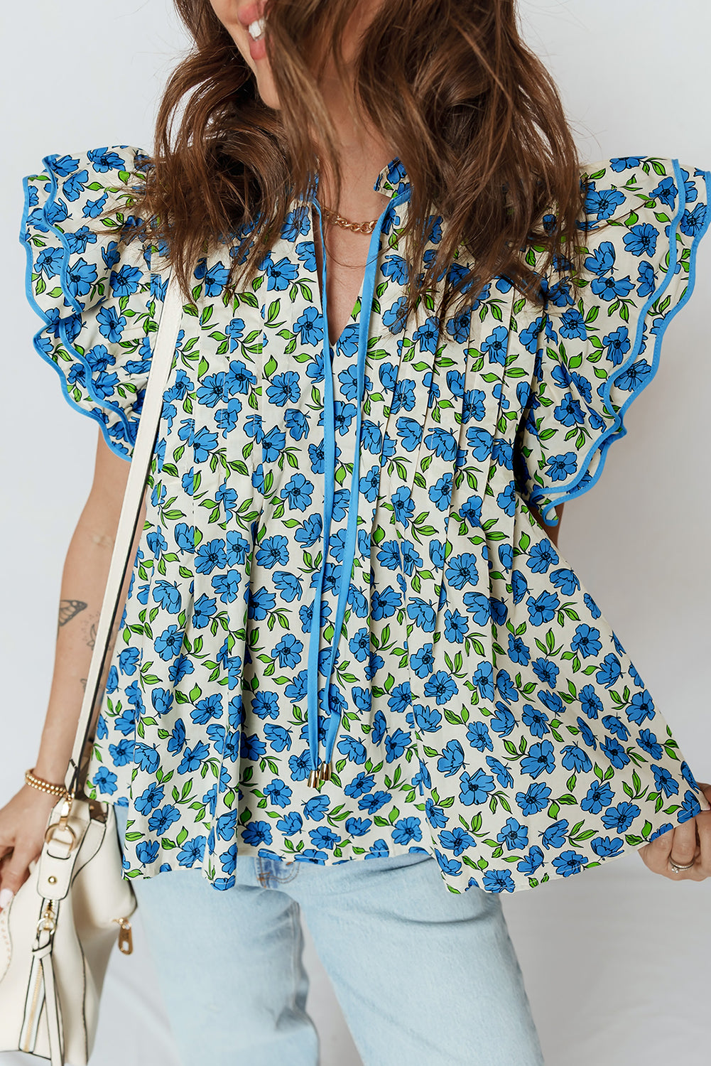 Tiered Flutter Sleeve Pleated Flower Blouse