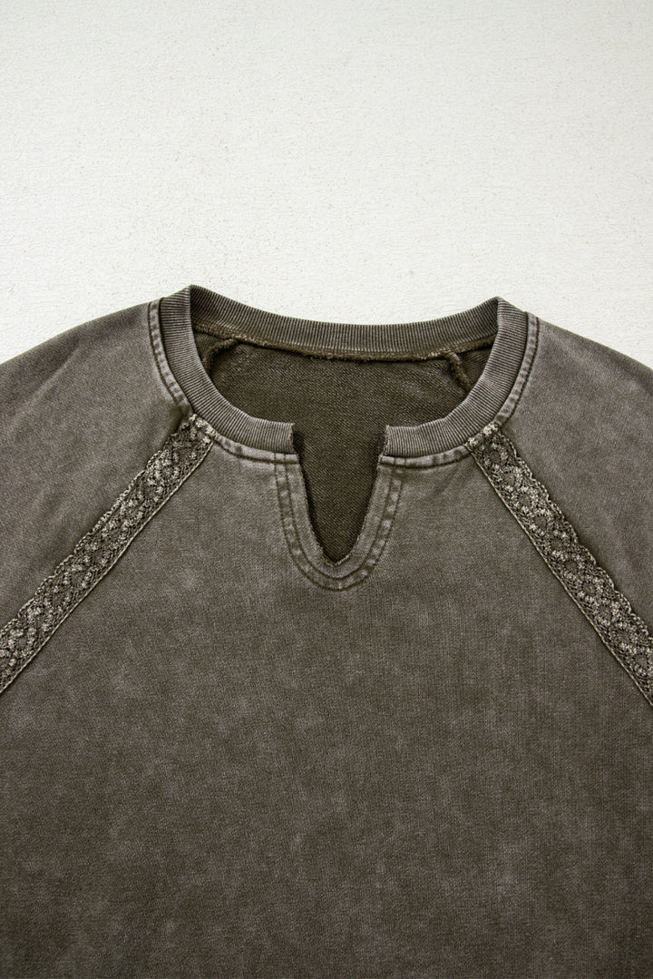 Jungle Green Lace Patchwork Detail Notched Neck Mineral Wash Baggy Sweatshirt