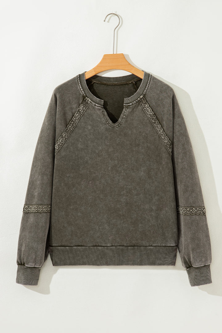 Jungle Green Lace Patchwork Detail Notched Neck Mineral Wash Baggy Sweatshirt