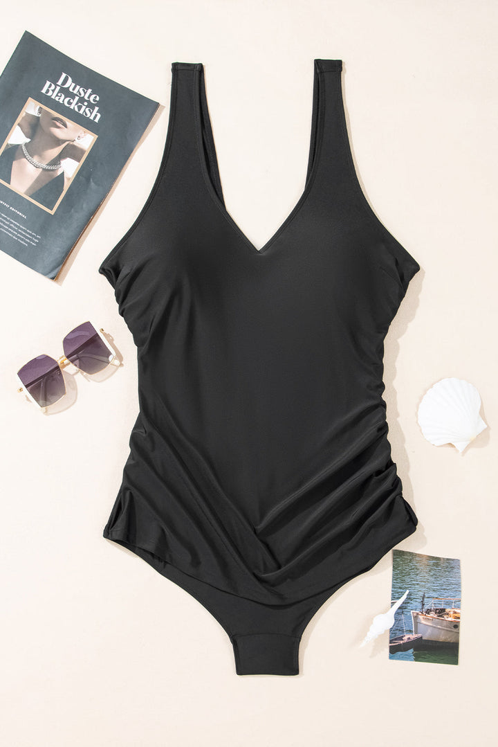 Solid Color U Neck Padded Plus Size One Piece Swimsuit