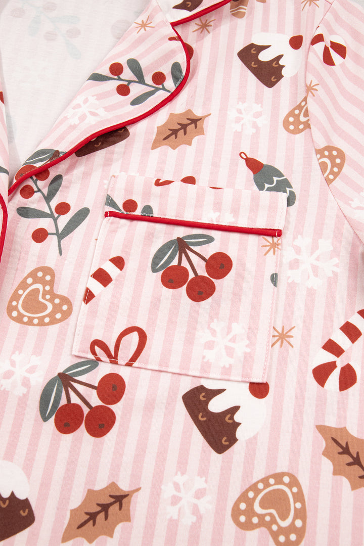 Pink Abstract Christmas Print Short Sleeve Two Piece Lounge Set