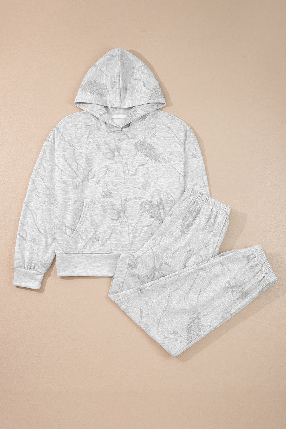 Light Grey Abstract Print Loose Hoodie Elastic Waistband 2pcs Pant Set