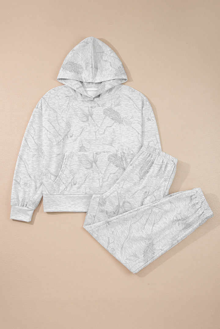 Light Grey Abstract Print Loose Hoodie Elastic Waistband 2pcs Pant Set