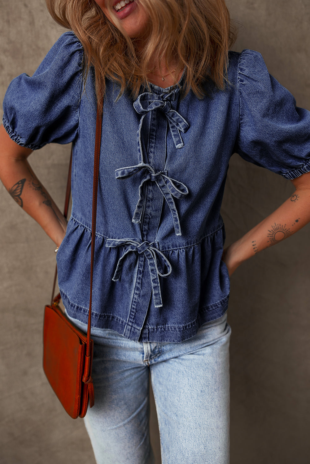 Tied Front Bubble Sleeve Peplum Denim Shirt