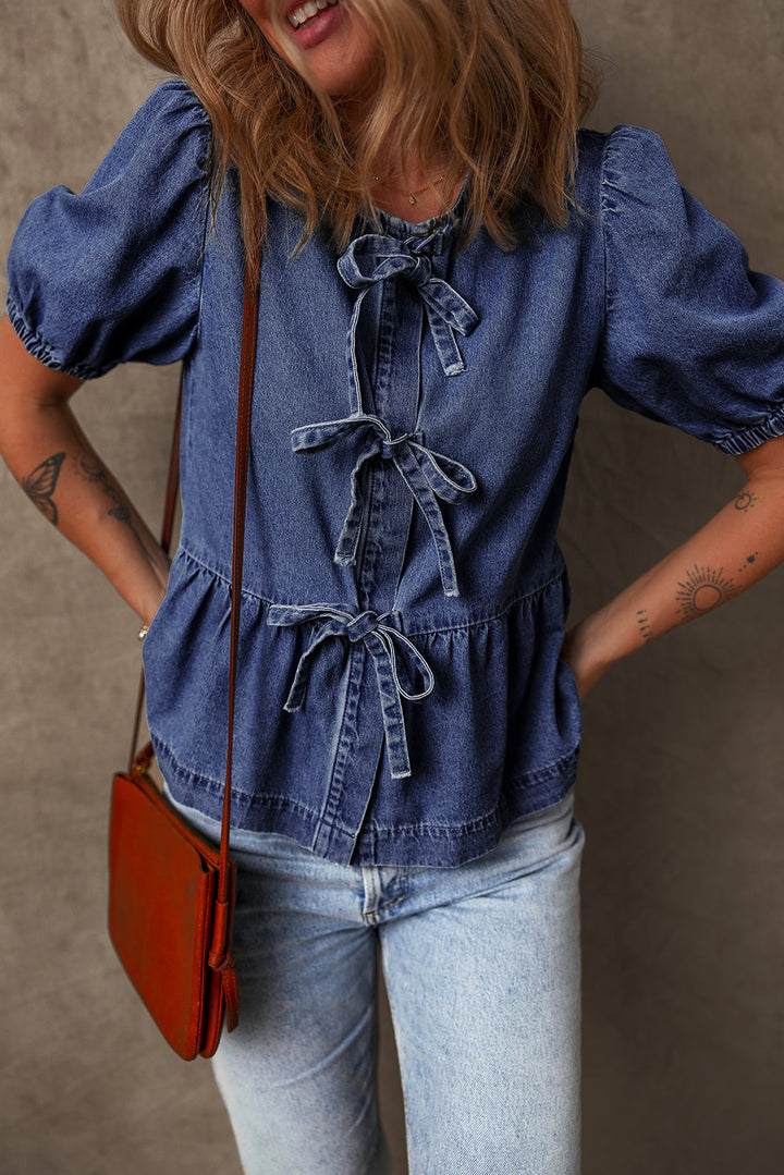 Tied Front Bubble Sleeve Peplum Denim Shirt
