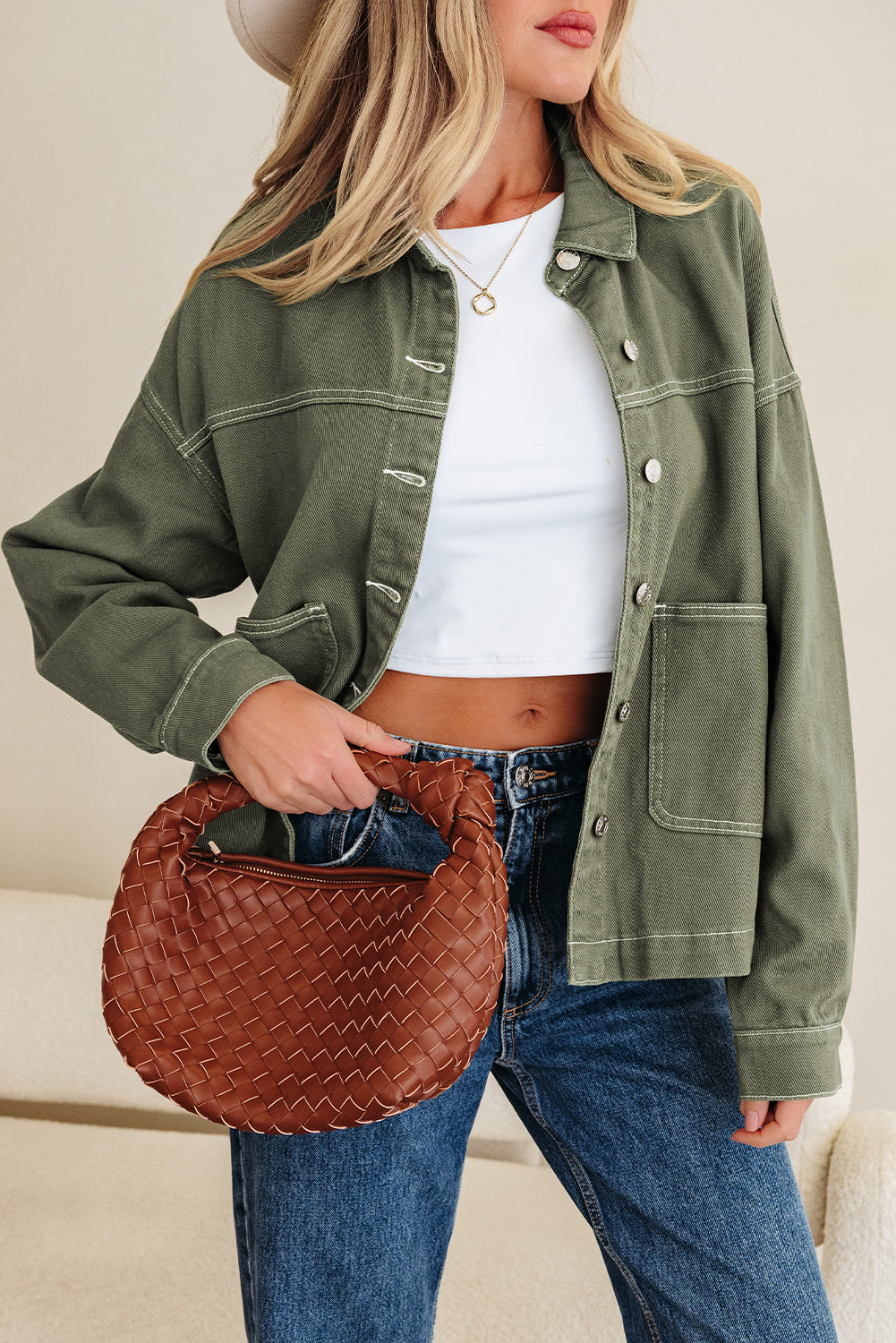 Patched Pocket Collared Button Front Boyfriend Denim Jacket