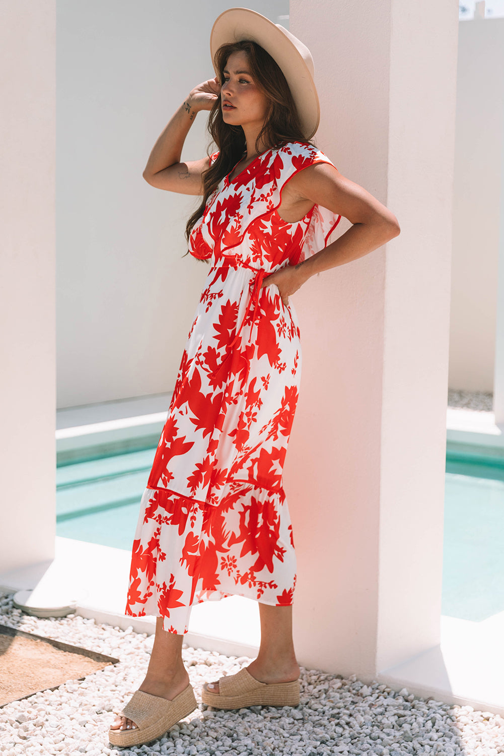 Floral Print Trimmed V Neck Ruffle Sleeve Long Dress