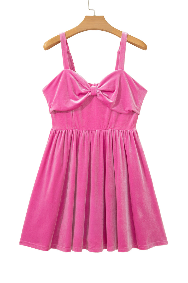 Sachet Pink Sweet Bow Neck Adjustable Strap Velvet Short Dress