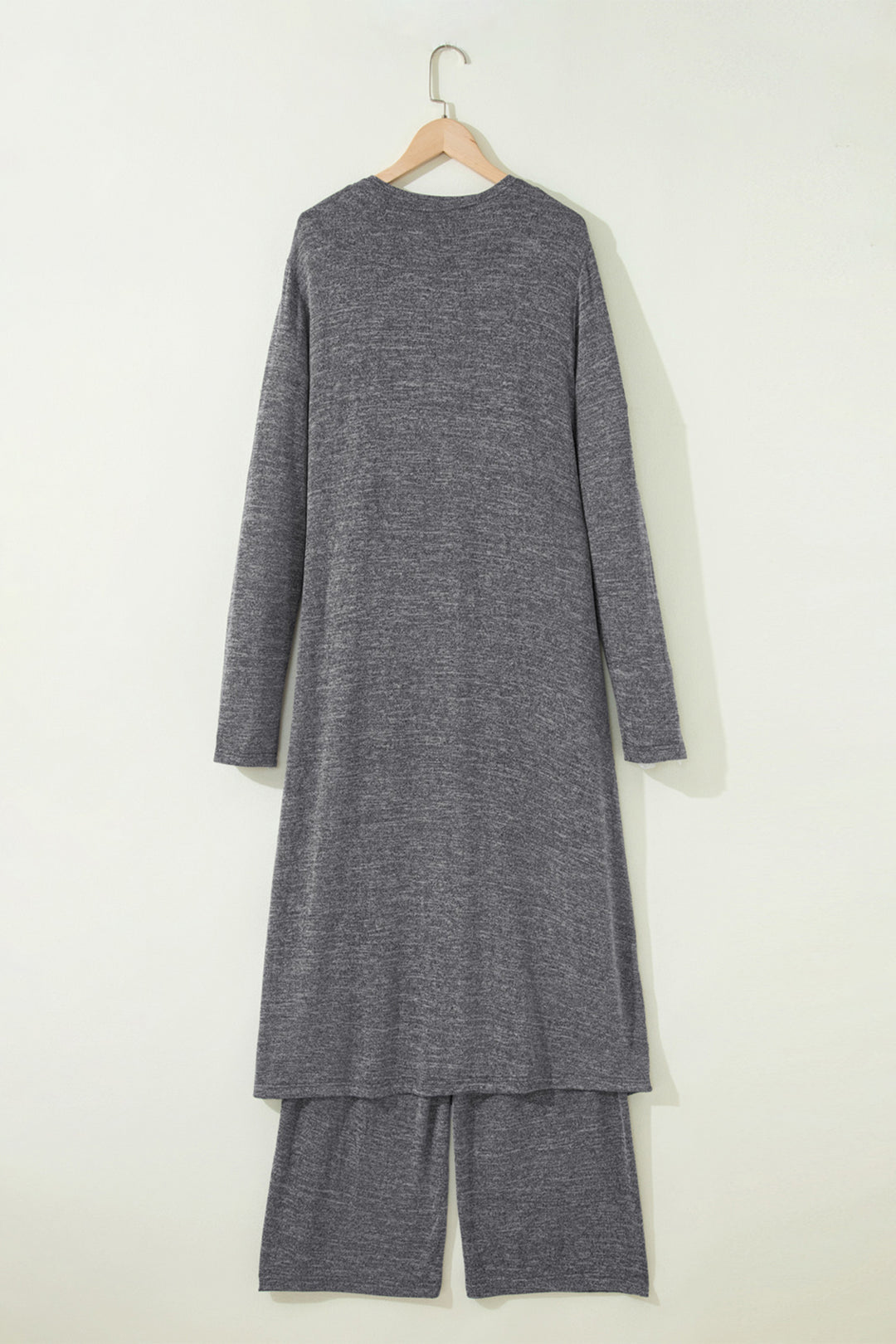 Dark Grey 3pcs V Neck T Shirt Ribbon Knot Pants Open Duster 3pcs Lounge Set