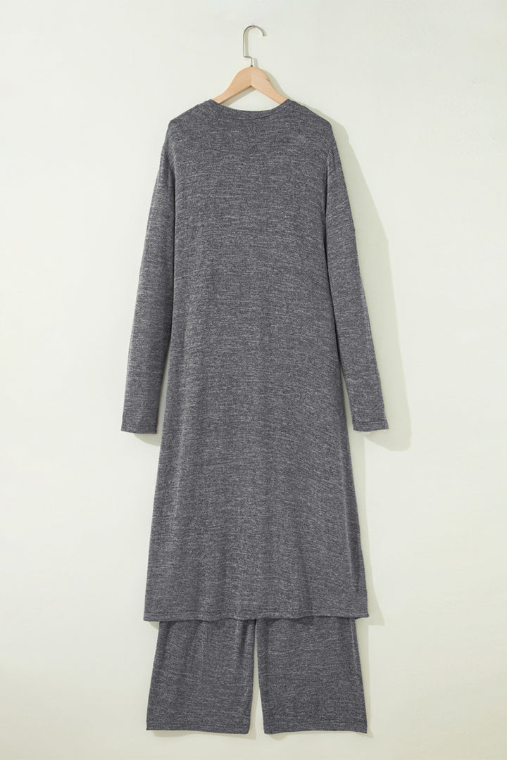 Dark Grey 3pcs V Neck T Shirt Ribbon Knot Pants Open Duster 3pcs Lounge Set