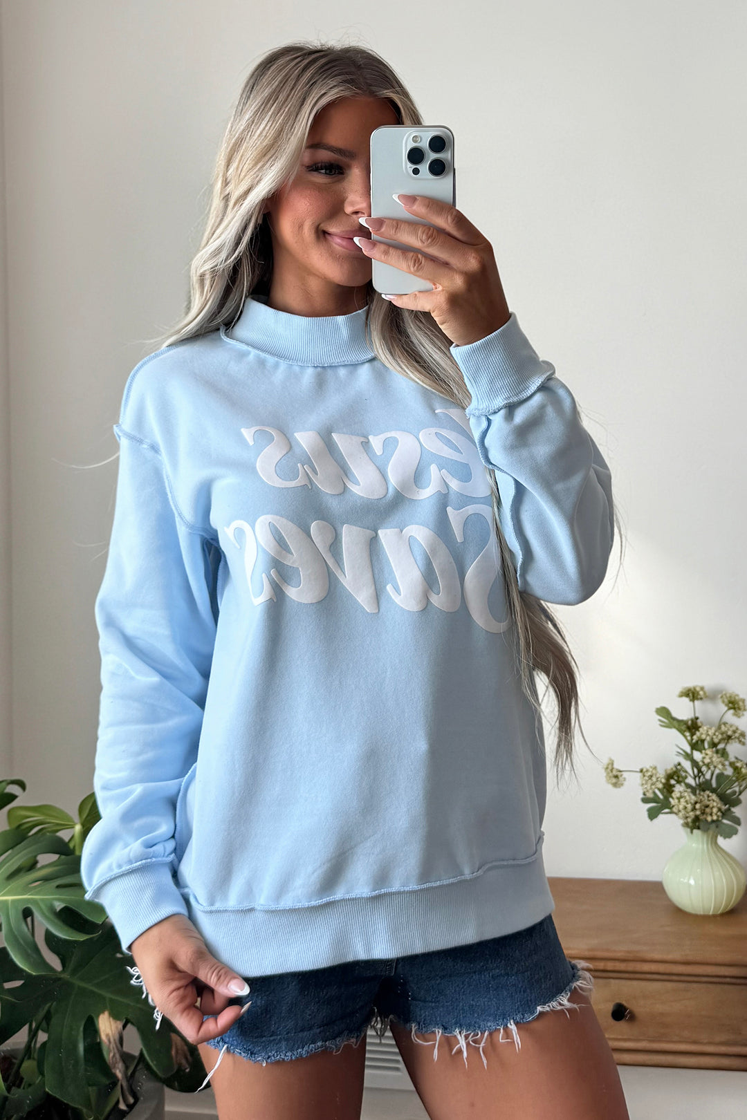 Mist Blue Jesus Saves Slogan Print Stand Neck Baggy Sweatshirt