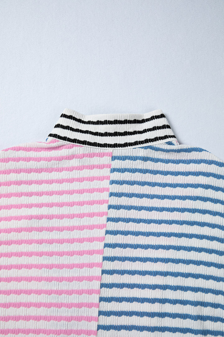 Multicolour Striped Color Block Patchwork Half Zip Drop Shoulder Long Sleeve Top