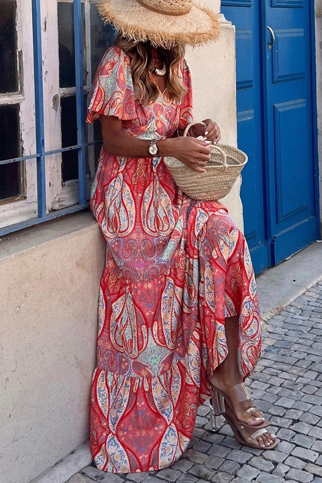 Chic Paisley Print Short Sleeve Boho Maxi Dress with Ruffle Details