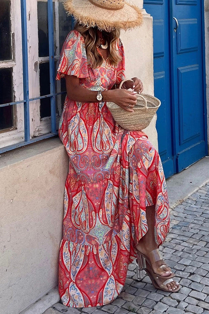 Chic Paisley Print Short Sleeve Boho Maxi Dress with Ruffle Details