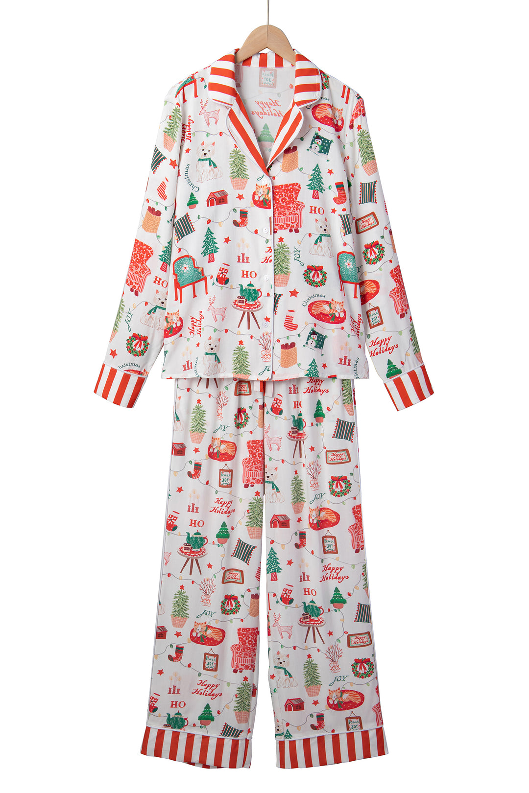 White Striped Holiday Long Sleeve Two Piece Shift Home Wear Lounge Set