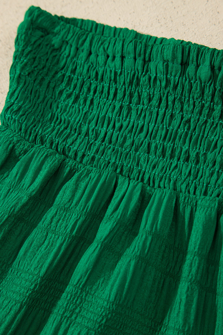 Dark Green Textured Square Neck Top and Shirred High Waist Shorts Set