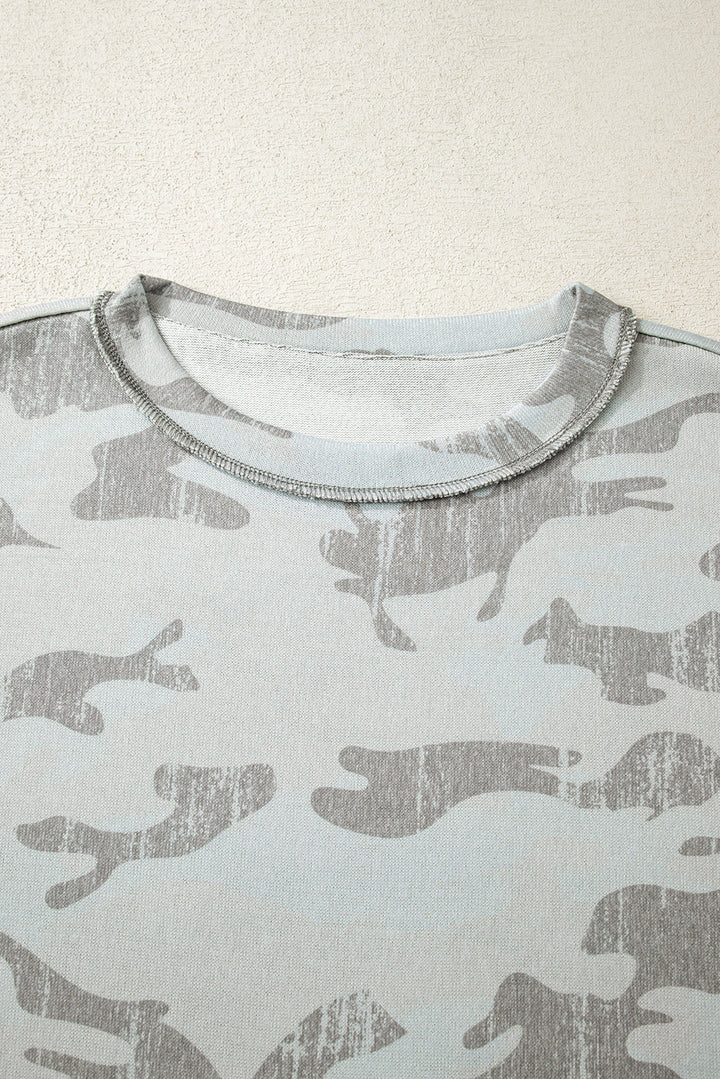 Retro Camouflage Print Exposed Seam Patchwork Drop Shoulder Sweatshirt