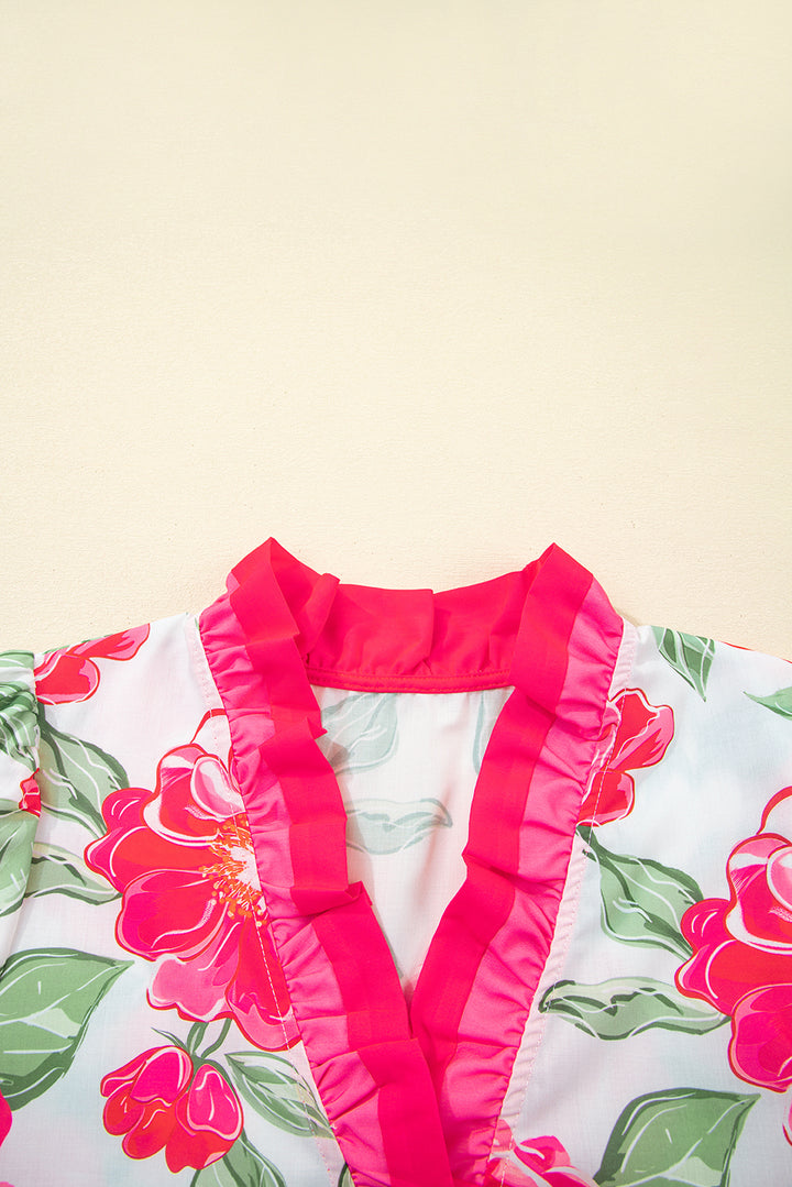 Floral Frilled V Neck Short Sleeve Blouse Top