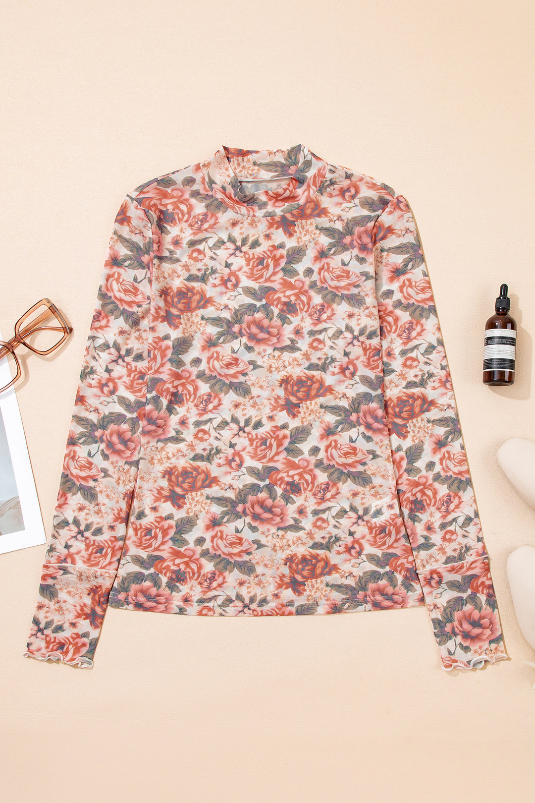 Retro Floral Print Mock Neck Mesh Long Sleeve Top