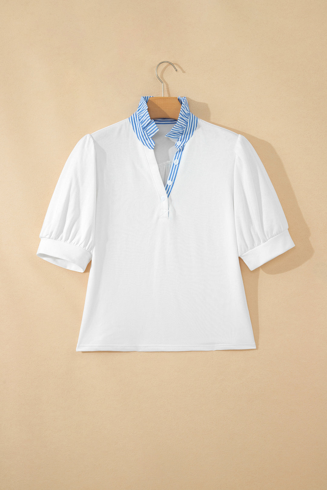 White Striped Frilled Collar Short Sleeve Blouse