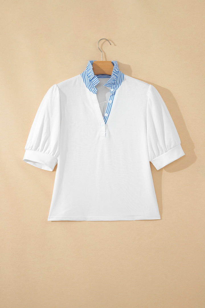 White Striped Frilled Collar Short Sleeve Blouse