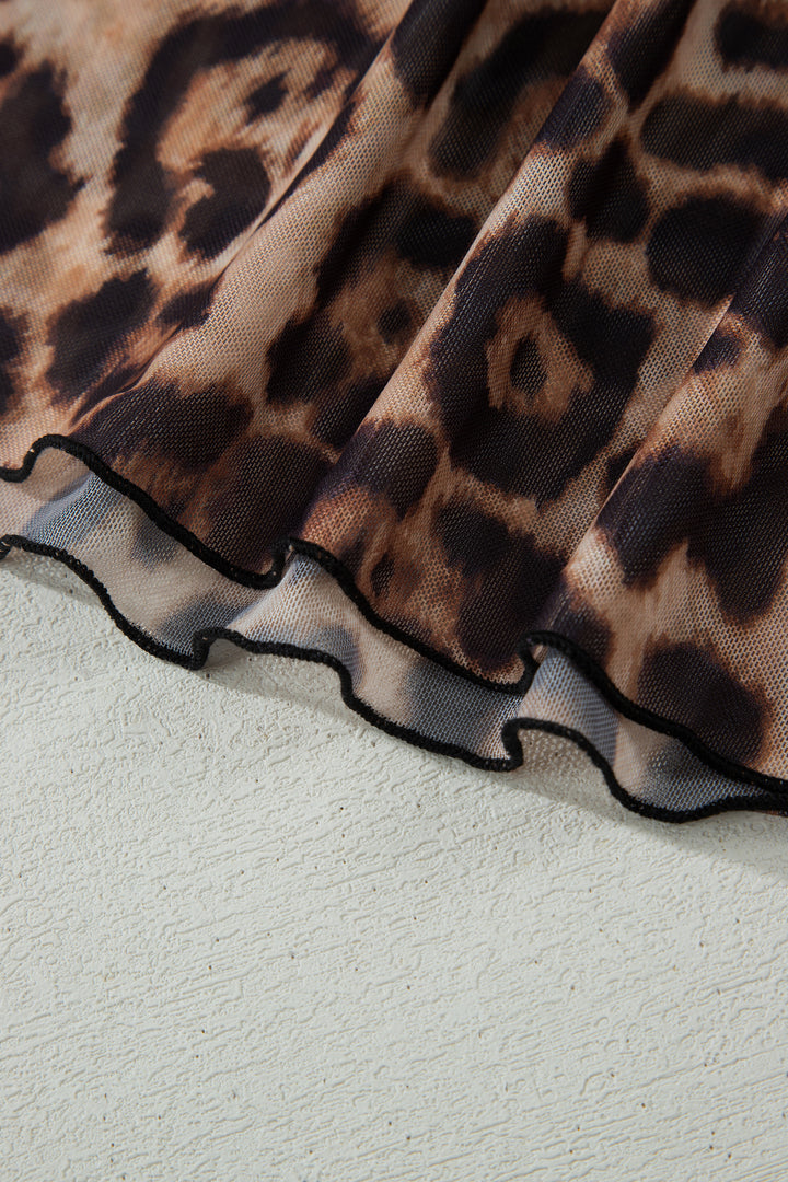 Camel Leopard Printed Mesh Short Sleeve Top