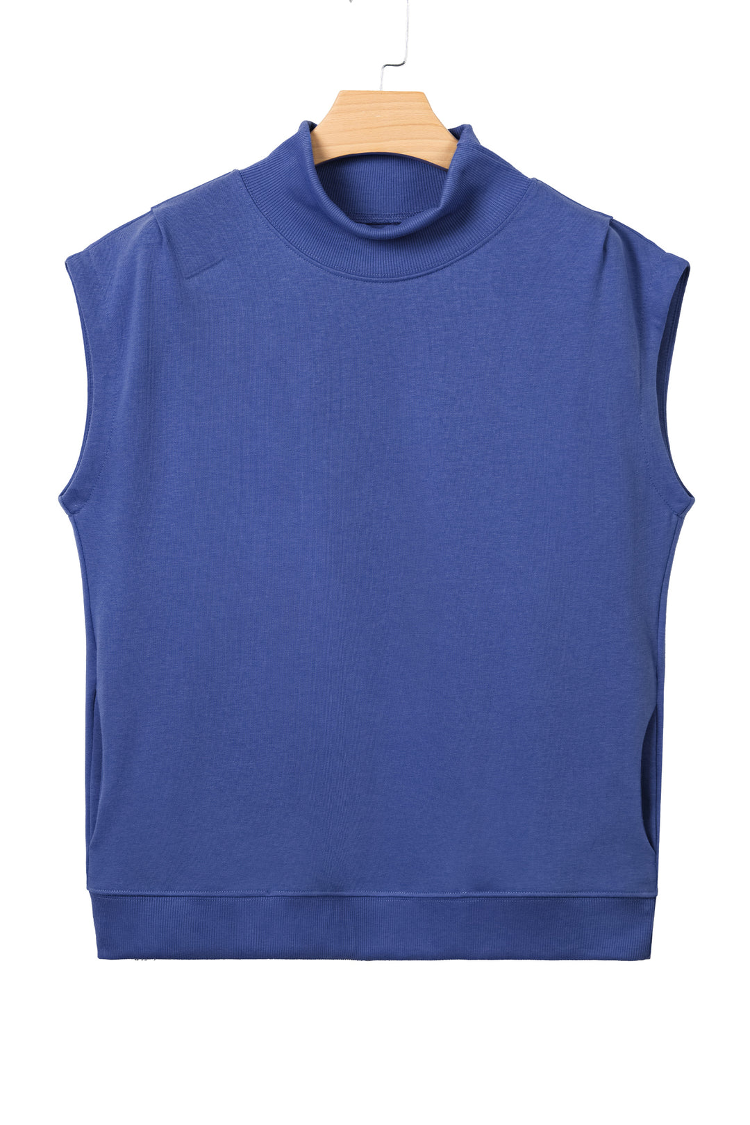 Sky Blue Solid Color High Neck Cap Sleeve Loose Top