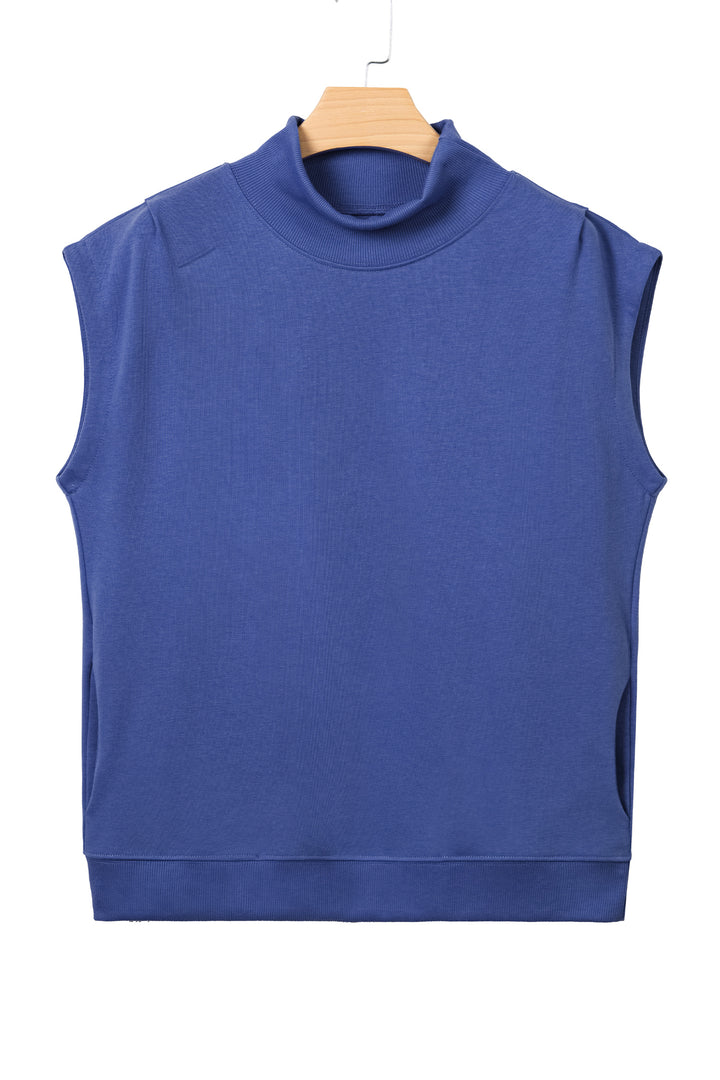 Sky Blue Solid Color High Neck Cap Sleeve Loose Top