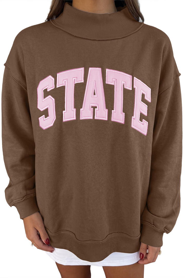 Coffee Exposed Seam Mock Neck STATE Letter Graphic Loose Sweatshirt