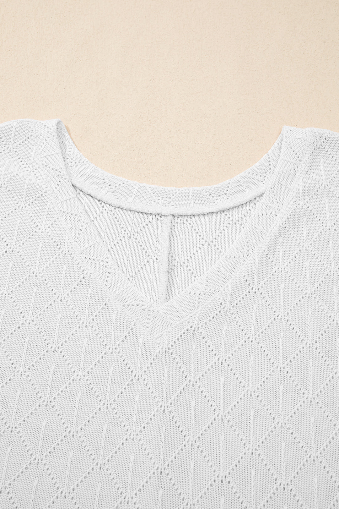 White Pointelle Rhombus Knit Plus Size V Neck Loose Top