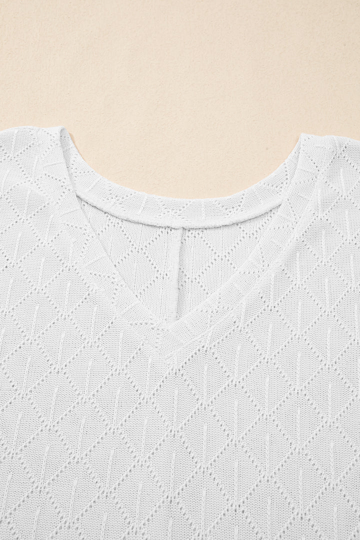 White Pointelle Rhombus Knit Plus Size V Neck Loose Top