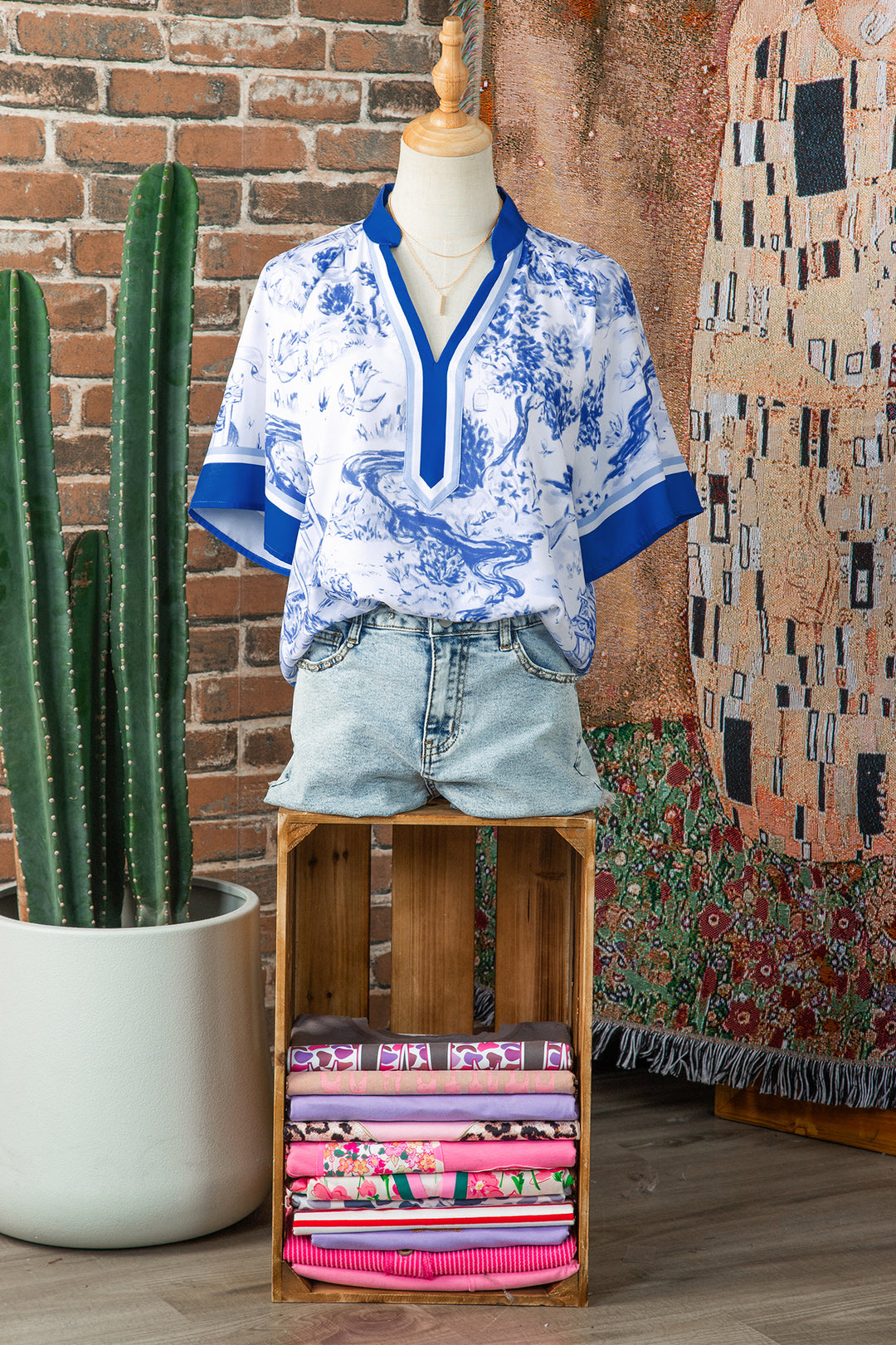 Blue Wild Animal Paradise Contrast V Neck Raglan Sleeve Blouse