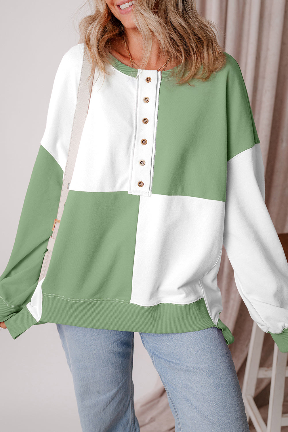 Colorblock Henley High Low Oversize Sweatshirt