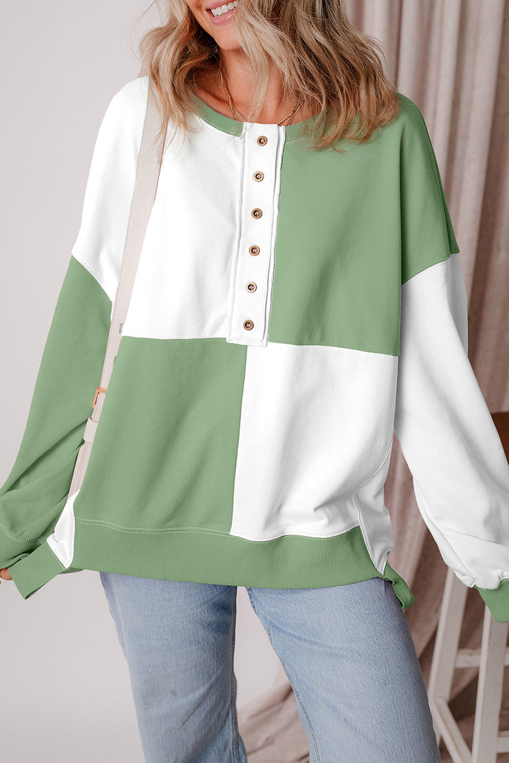 Colorblock Henley High Low Oversize Sweatshirt