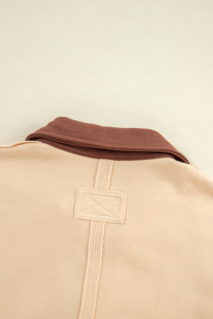 Light French Beige Striped Colorblock Patchwork Collar Sweatshirt