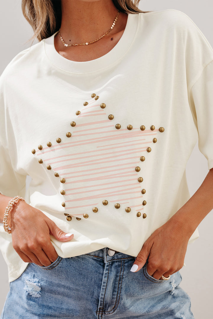 Cute Beige Star Print Stud Detail Cotton Jersey Top