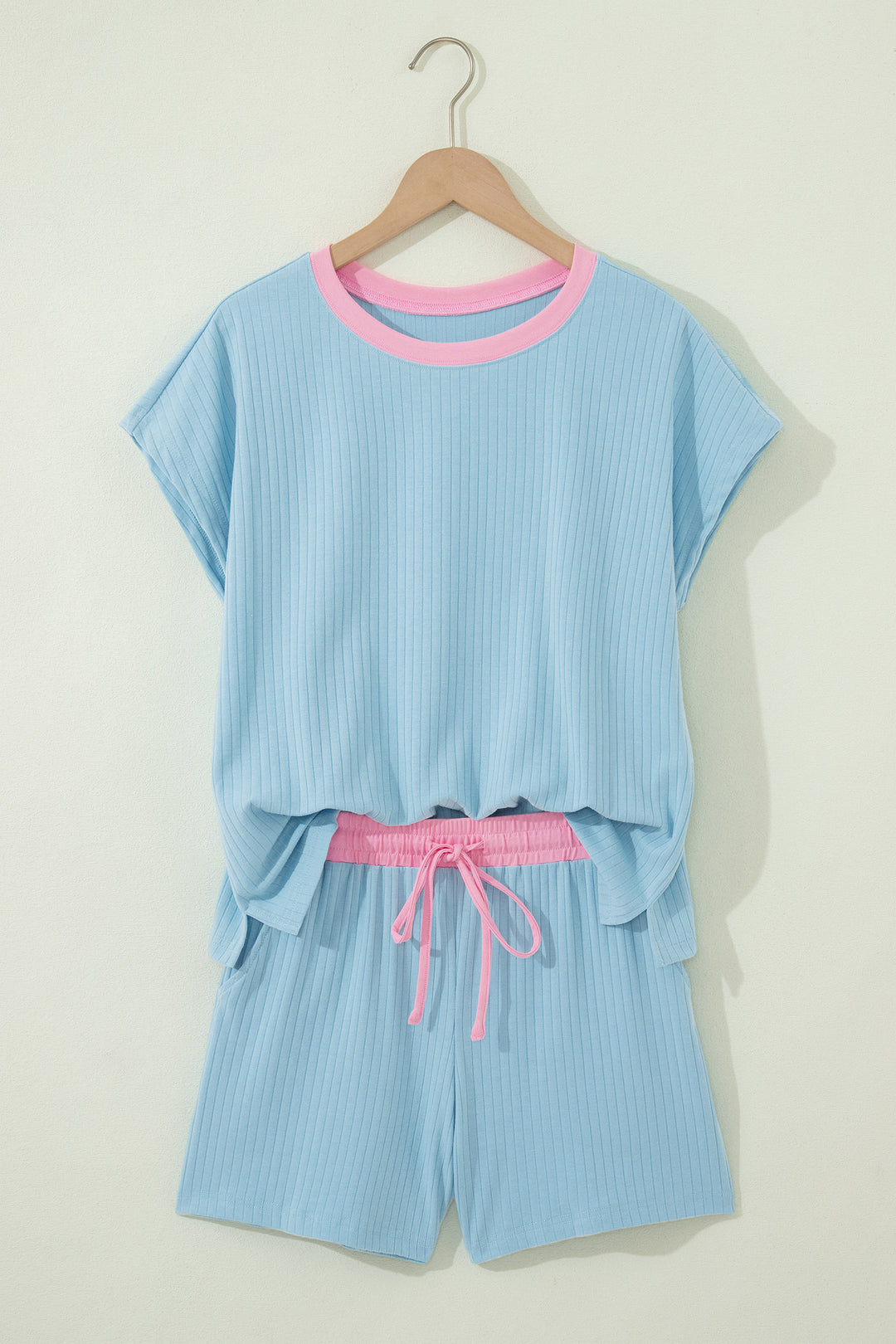 Mist Blue Soft Ribbed Color Block Trim Casual Short Set
