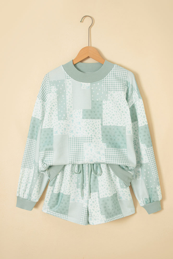 Green Patchwork Floral Print Drop Shoulder Baggy Pullover Drawstring Shorts Set