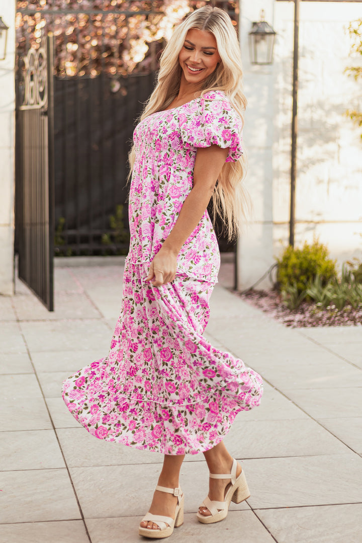 Dainty Floral Smocked Puff Sleeve Flowy Long Dress