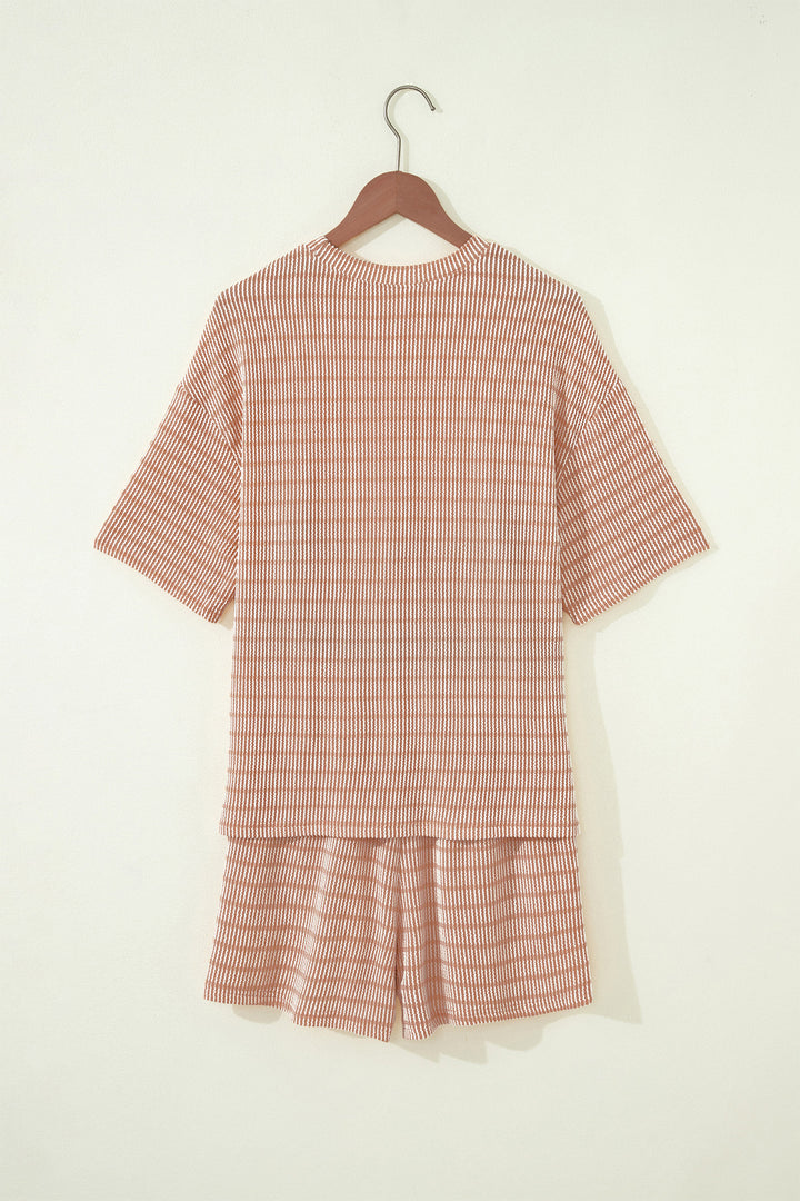 Khaki Stripe Raised Rib Loose Tee Drawstring Elastic Waist 2pcs Short Set