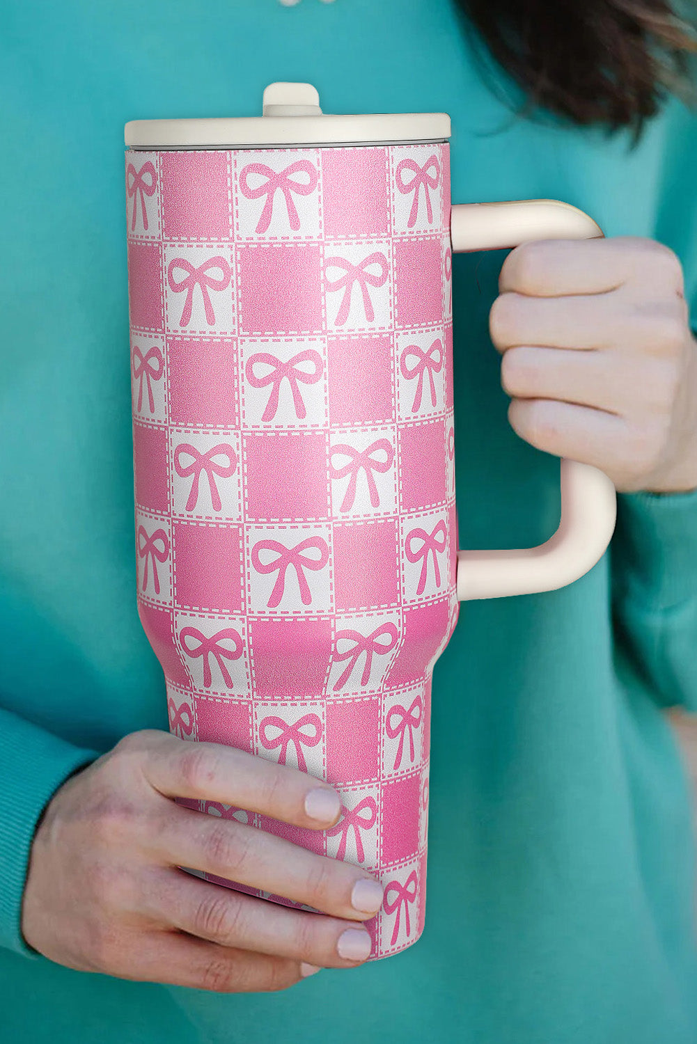 Bow Knot Checkered Print Handle Large Tumbler 40OZ