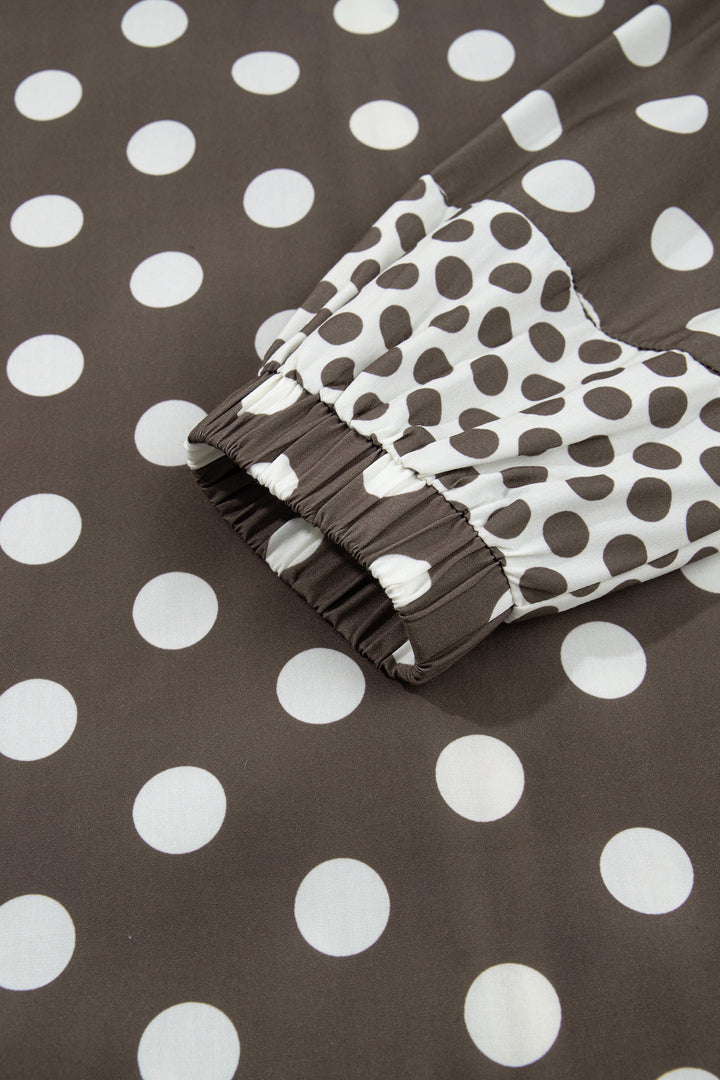 Brown Polka Dot Contrast Detail Zip-Up Long Sleeve Shacket