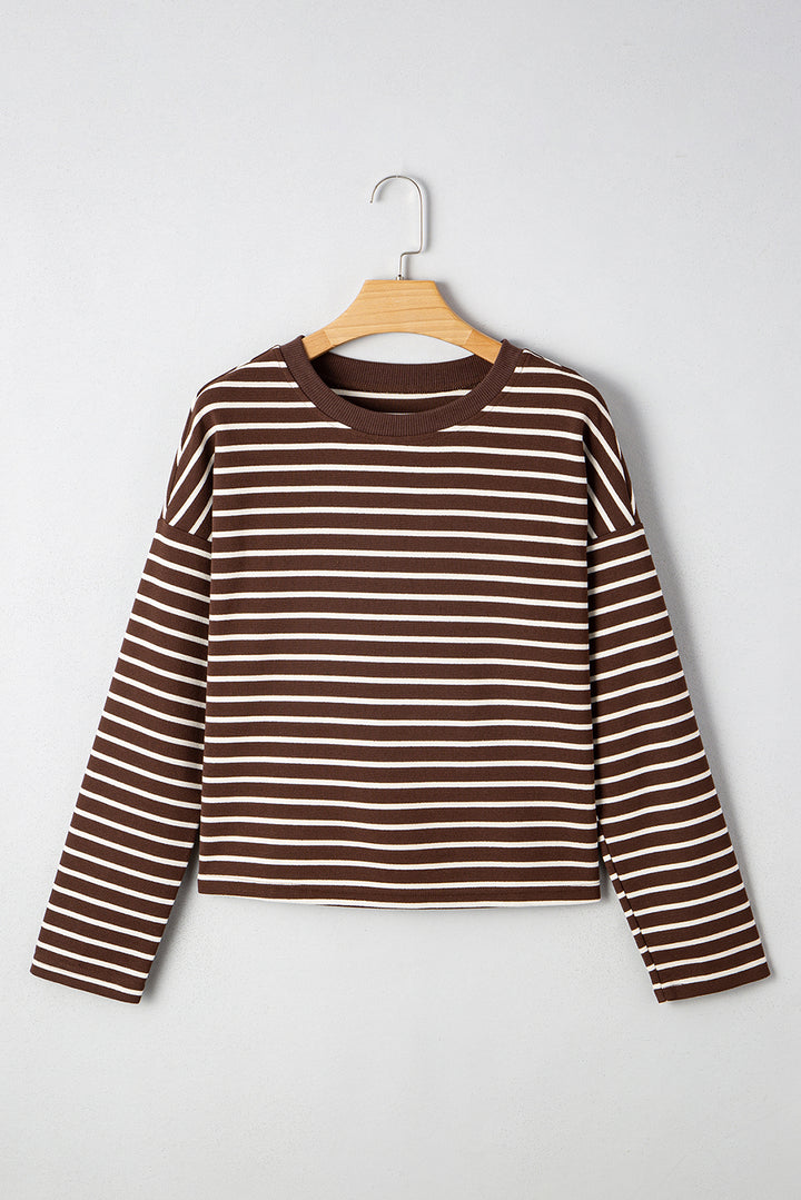 Brown Stripe Ribbed Cropped Crew Neck Long Sleeve T Shirt