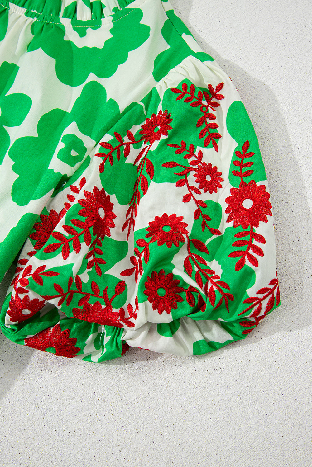 Contrast Embroidered Puff Short Sleeve Floral Blouse