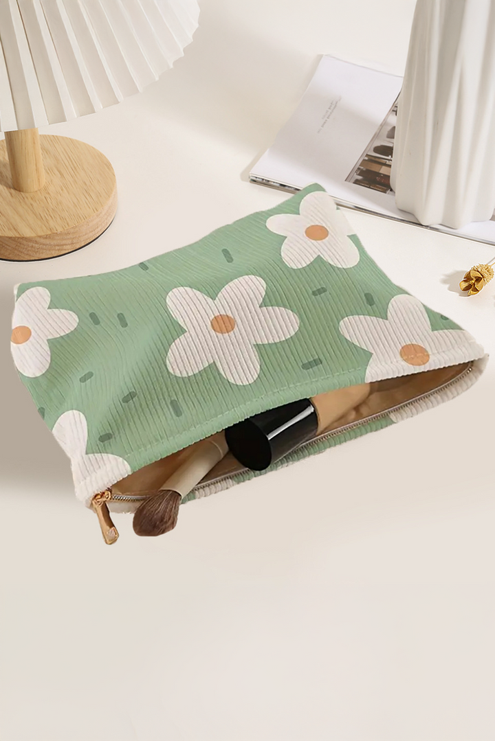Grande trousse de maquillage en velours côtelé à fermeture éclair et imprimé floral
