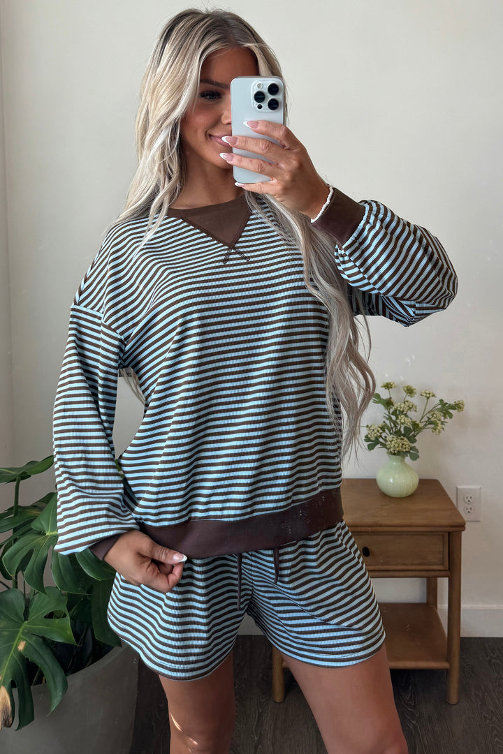 Brown Stripe Oversized Long Sleeve Top Drawstring Loose Shorts 2pcs Set